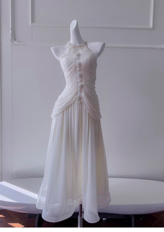Halter Neck Draped Chiffon Mid-Long Dress with Pearl Embellishments