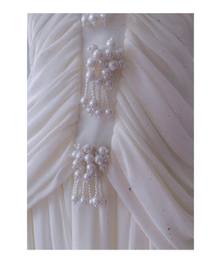 Halter Neck Draped Chiffon Mid-Long Dress with Pearl Embellishments