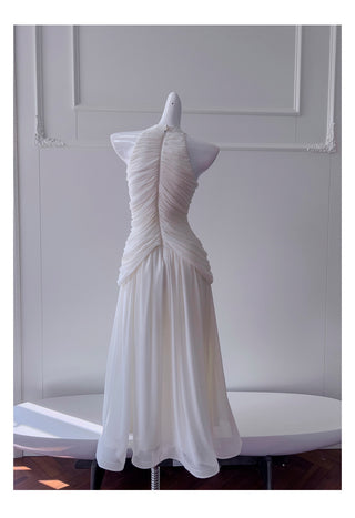 Halter Neck Draped Chiffon Mid-Long Dress with Pearl Embellishments