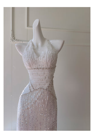 Sequin Fringe Halter Maxi Dress – V-Neck Embellished Satin with Long Beaded Fringe