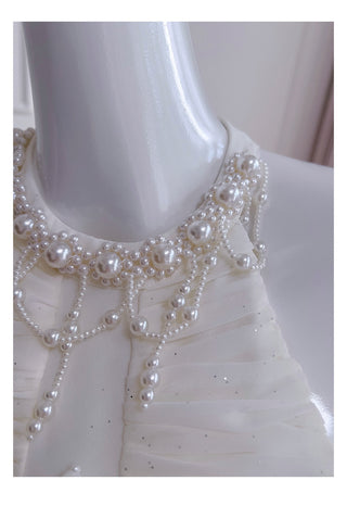 Halter Neck Draped Chiffon Mid-Long Dress with Pearl Embellishments