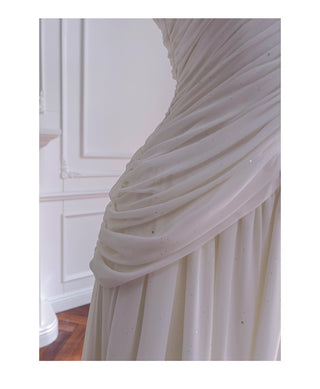 Halter Neck Draped Chiffon Mid-Long Dress with Pearl Embellishments
