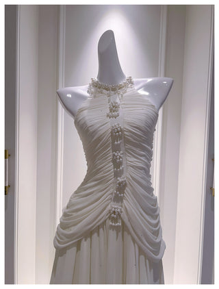 Halter Neck Draped Chiffon Mid-Long Dress with Pearl Embellishments