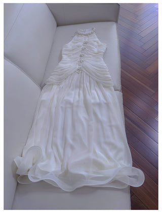 Halter Neck Draped Chiffon Mid-Long Dress with Pearl Embellishments