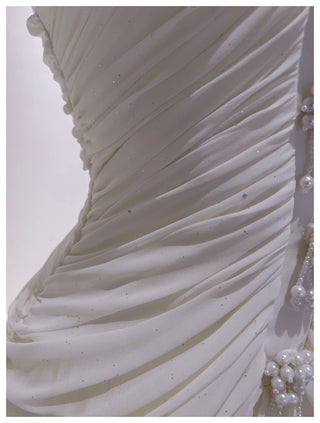 Halter Neck Draped Chiffon Mid-Long Dress with Pearl Embellishments