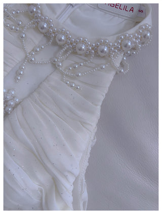 Halter Neck Draped Chiffon Mid-Long Dress with Pearl Embellishments