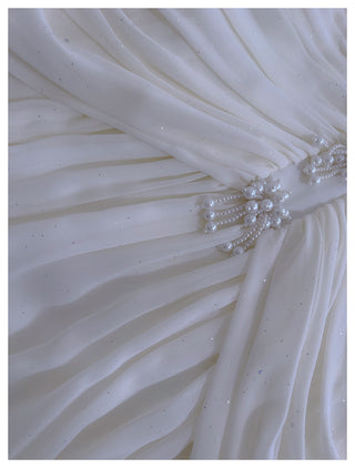Halter Neck Draped Chiffon Mid-Long Dress with Pearl Embellishments