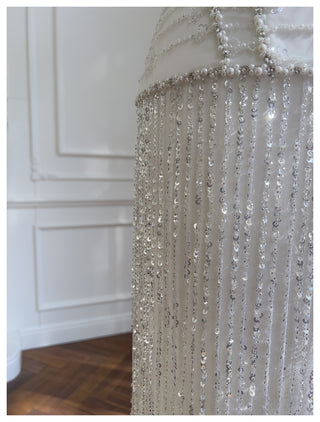 Sequin Fringe Halter Maxi Dress – V-Neck Embellished Satin with Long Beaded Fringe