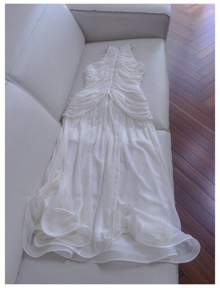 Halter Neck Draped Chiffon Mid-Long Dress with Pearl Embellishments