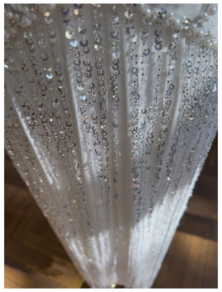 Sequin Fringe Halter Maxi Dress – V-Neck Embellished Satin with Long Beaded Fringe