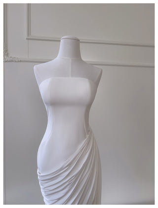 Strapless Stretch-Crepe Corset Dress with Lace-Up Back & Ruched Asymmetric Skirt+Gloves