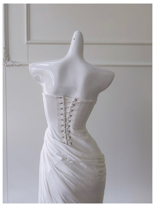 Strapless Stretch-Crepe Corset Dress with Lace-Up Back & Ruched Asymmetric Skirt+Gloves