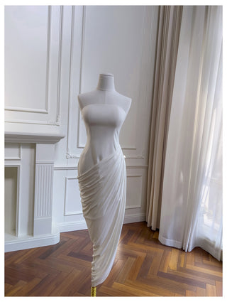 Strapless Stretch-Crepe Corset Dress with Lace-Up Back & Ruched Asymmetric Skirt+Gloves