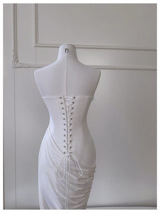 Strapless Stretch-Crepe Corset Dress with Lace-Up Back & Ruched Asymmetric Skirt+Gloves