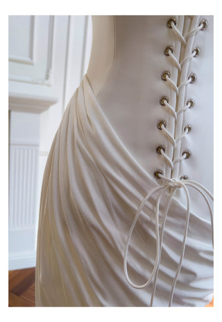 Strapless Stretch-Crepe Corset Dress with Lace-Up Back & Ruched Asymmetric Skirt+Gloves