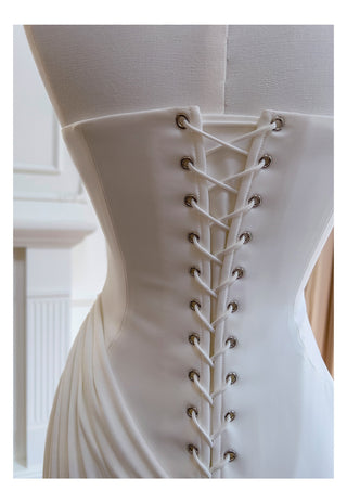 Strapless Stretch-Crepe Corset Dress with Lace-Up Back & Ruched Asymmetric Skirt+Gloves