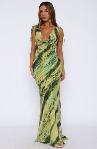 Satin Cowl Neck Printed Maxi Dress – Adjustable Tie Sleeves