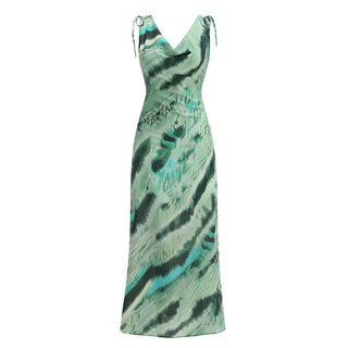 Satin Cowl Neck Printed Maxi Dress – Adjustable Tie Sleeves