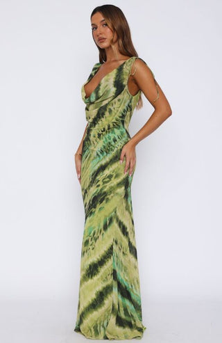 Satin Cowl Neck Printed Maxi Dress – Adjustable Tie Sleeves