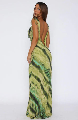 Satin Cowl Neck Printed Maxi Dress – Adjustable Tie Sleeves