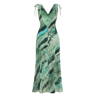 Satin Cowl Neck Printed Maxi Dress – Adjustable Tie Sleeves