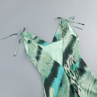 Satin Cowl Neck Printed Maxi Dress – Adjustable Tie Sleeves