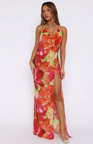 Floral Halter Maxi Dress with Cowl Neck & Side Slit – Soft Satin Feel