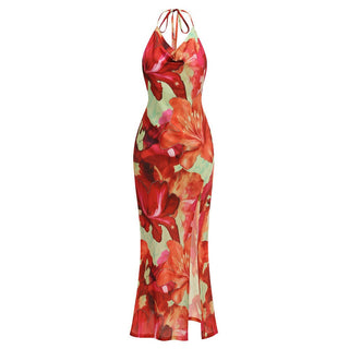 Floral Halter Maxi Dress with Cowl Neck & Side Slit – Soft Satin Feel