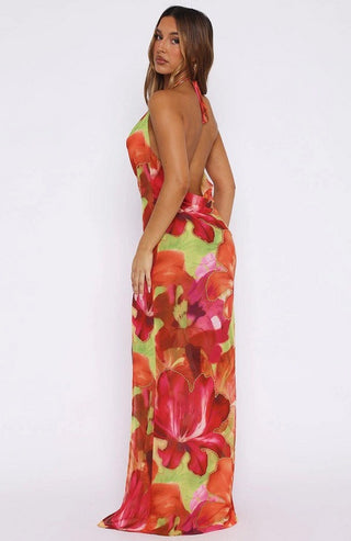 Floral Halter Maxi Dress with Cowl Neck & Side Slit – Soft Satin Feel