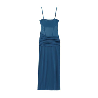 Blue Mesh Corset Midi Dress with Adjustable Straps & Ruched Waist
