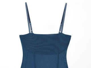 Blue Mesh Corset Midi Dress with Adjustable Straps & Ruched Waist