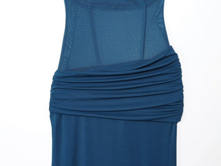 Blue Mesh Corset Midi Dress with Adjustable Straps & Ruched Waist
