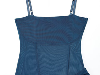 Blue Mesh Corset Midi Dress with Adjustable Straps & Ruched Waist