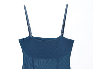 Blue Mesh Corset Midi Dress with Adjustable Straps & Ruched Waist