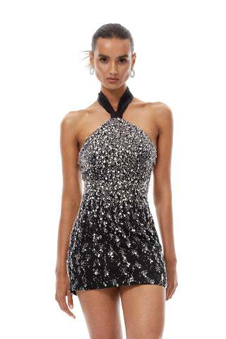 Crystal Embellished Halter Mini Dress