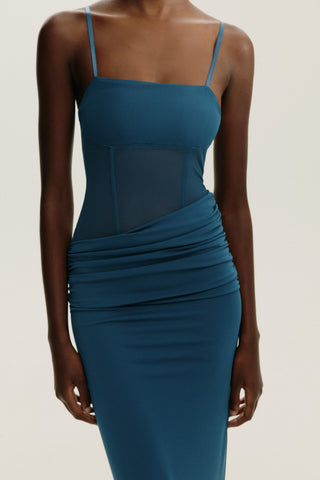 Blue Mesh Corset Midi Dress with Adjustable Straps & Ruched Waist