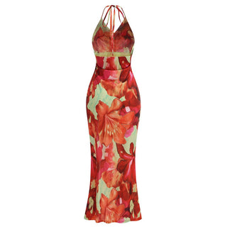Floral Halter Maxi Dress with Cowl Neck & Side Slit – Soft Satin Feel