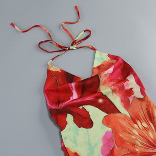 Floral Halter Maxi Dress with Cowl Neck & Side Slit – Soft Satin Feel