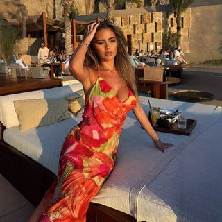 Floral Halter Maxi Dress with Cowl Neck & Side Slit – Soft Satin Feel