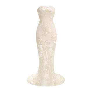 Strapless 3D Floral Mesh Gown with Train