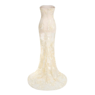 Strapless 3D Floral Mesh Gown with Train