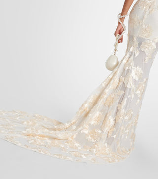 Strapless 3D Floral Mesh Gown with Train