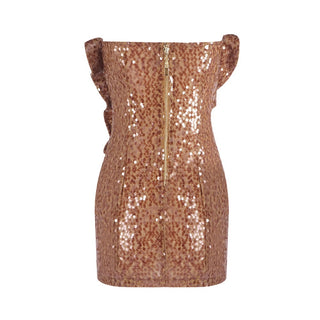 Metallic Brown Sequin Sculpted Rose Strapless Mini Dress