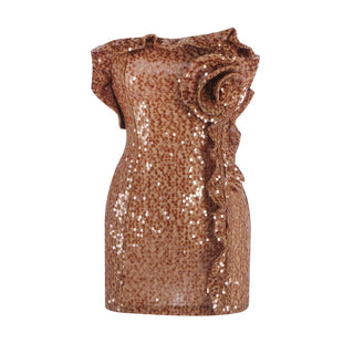 Metallic Brown Sequin Sculpted Rose Strapless Mini Dress