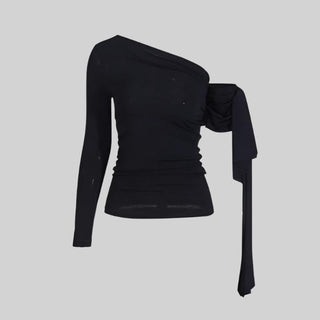 Elegant One-Off Shoulder Long Sleeve Top - Black