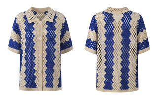 Crochet Open-Knit Two-Piece Set – Short-Sleeve Button Top & Wide-Leg Pants