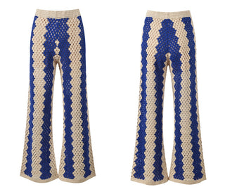 Crochet Open-Knit Two-Piece Set – Short-Sleeve Button Top & Wide-Leg Pants