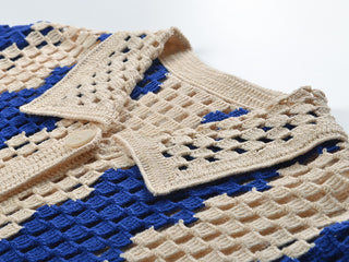 Crochet Open-Knit Two-Piece Set – Short-Sleeve Button Top & Wide-Leg Pants