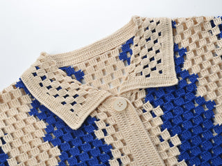 Crochet Open-Knit Two-Piece Set – Short-Sleeve Button Top & Wide-Leg Pants