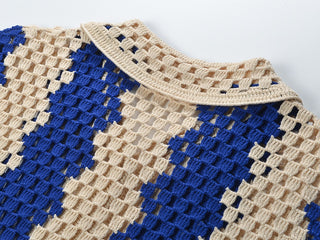 Crochet Open-Knit Two-Piece Set – Short-Sleeve Button Top & Wide-Leg Pants